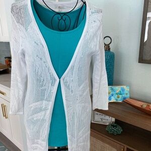 Beautiful White Pointelle Cardigan with Palm Design Sz S